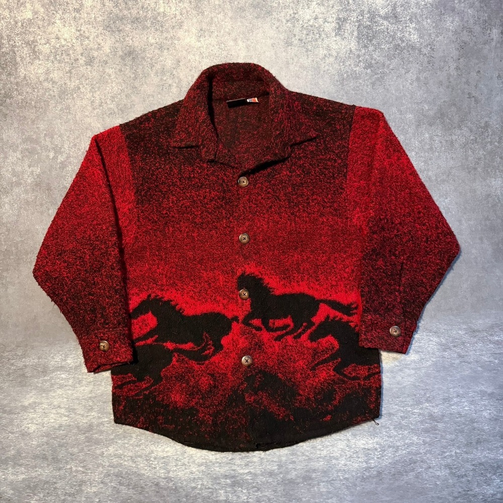 Vintage Mens Red Black Horse Fleece Button Up Shirt Jacket Made in USA Medium